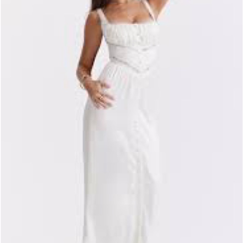 House of CB White Ruched Bodice Button-Front Maxi Dress illiana silk blend xs - Picture 7 of 12